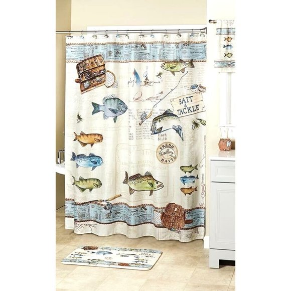 Lakeside Bath Catch Of The Day Shower Curtain Fish Rod Reel Tackle